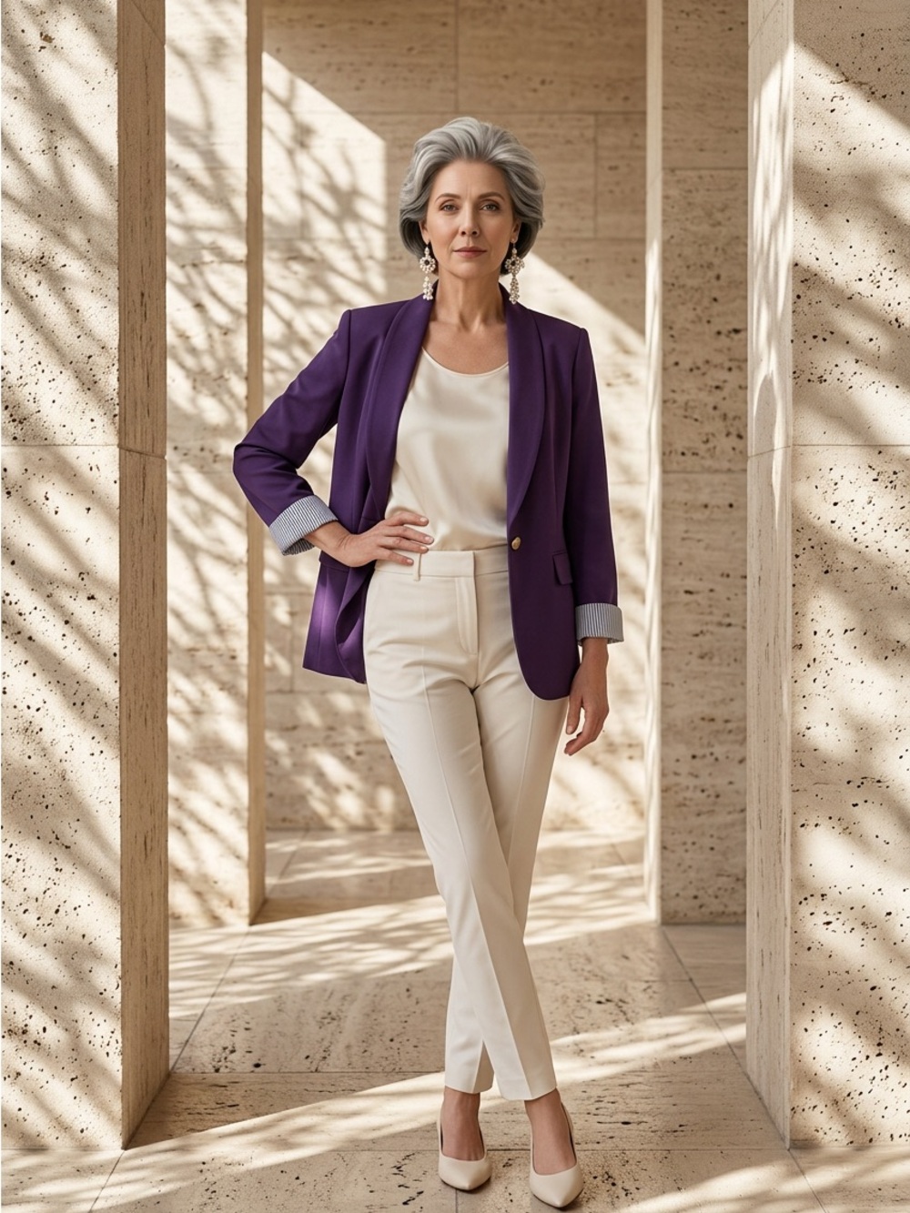 Genhoo Women’s Purple Blazer One Button 3/4 Sleeve Contrasting Cuff Jacket